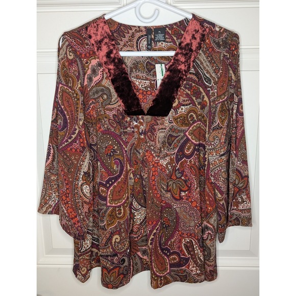 New Directions Rust Paisley V Neck Top Cold Shoulder 3/4 Sleeve Sz Petite L NEW - Picture 2 of 6